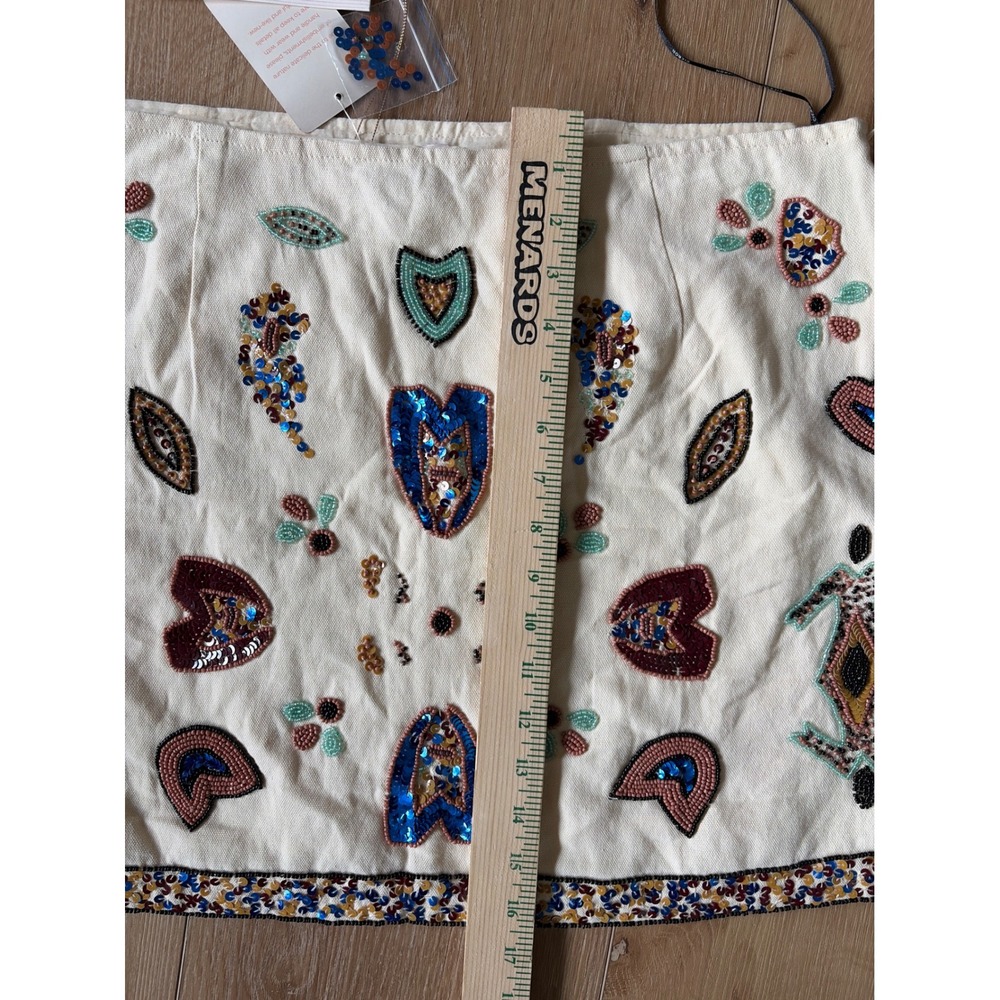 Ciebon Beaded Sequin Mini Skirt Cream Off-White Canvas Boho Festival Size Large - Picture 5 of 8